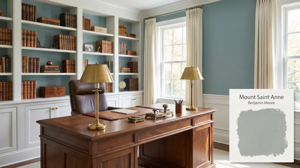 Built-in white bookshelves surround a rich walnut desk illuminated by brass lamps against Mount Saint Anne (Hex #A3B0AE) painted walls.