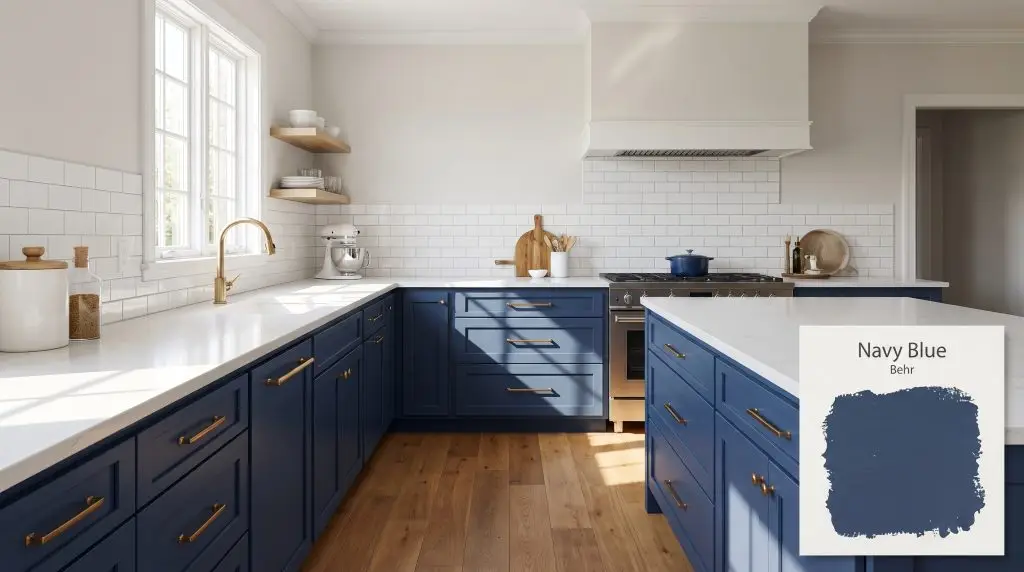 Crisp white quartz countertops and warm oak flooring complement lower kitchen cabinets finished in Behr S-H-580 (Hex #324a72) under natural sunlight.