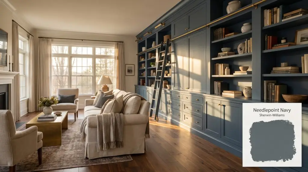 Built-in bookcases painted in SW 0032 (Hex #546670) anchor this transitional living room, complementing rich walnut floors and a cream linen sofa.