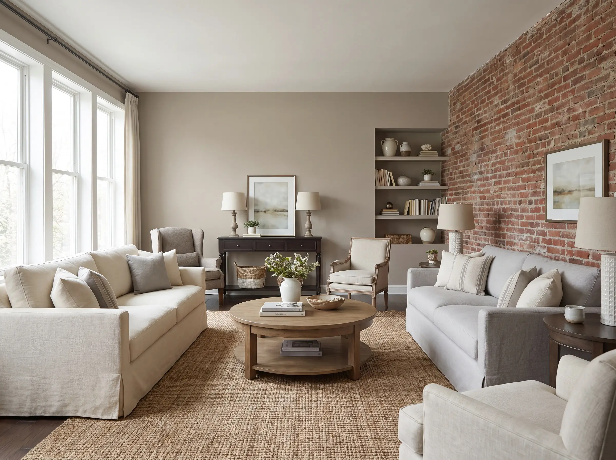 Slipcovered linen sofas and a woven jute area rug furnish an open-concept space showcasing paint colors that go with red brick wall.