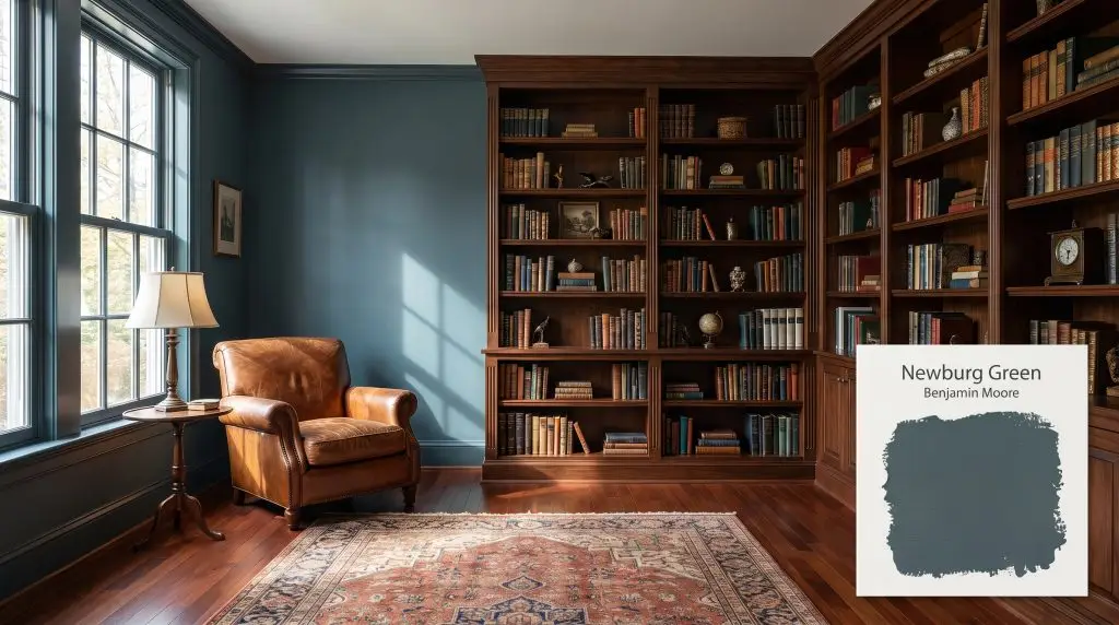 Floor-to-ceiling built-in bookshelves and a cognac leather armchair are positioned against rich mahogany flooring and Newburg Green (Hex #445962) walls.