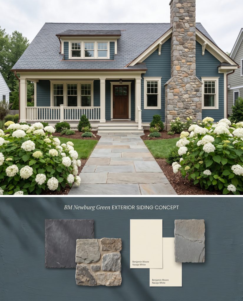 Split conceptual layout showcasing a historic craftsman exterior painted in Newburg Green above a flat-lay of charcoal slate and natural fieldstone.