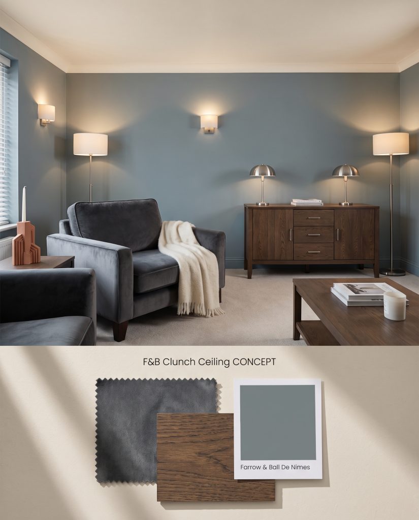 A split digital conceptual board featuring a soft off-white ceiling over blue-grey walls, paired with a lower flat-lay of velvet and dark oak.