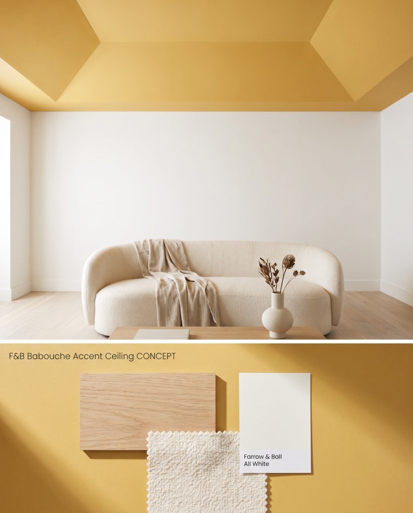 A split digital conceptual board illustrating a striking yellow accent ceiling over crisp white walls, grounded by physical white oak and boucle samples.