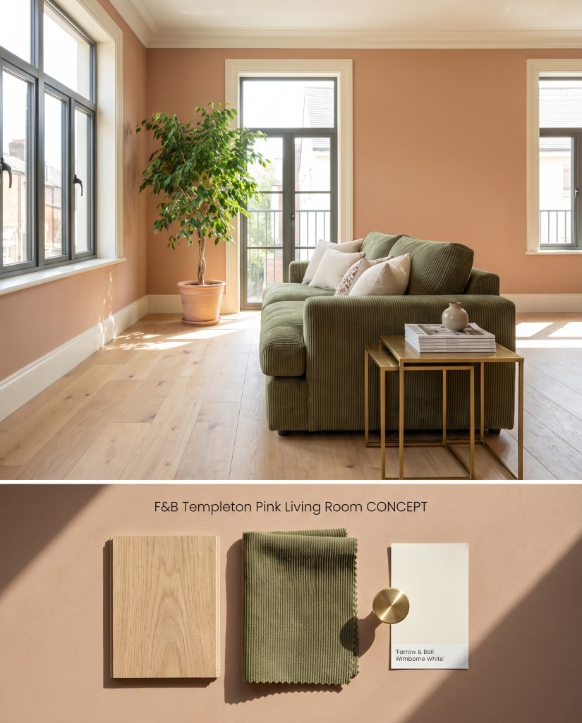 A split digital conceptual board featuring a bright earthy pink living room setup over physical light oak and olive green corduroy swatches.