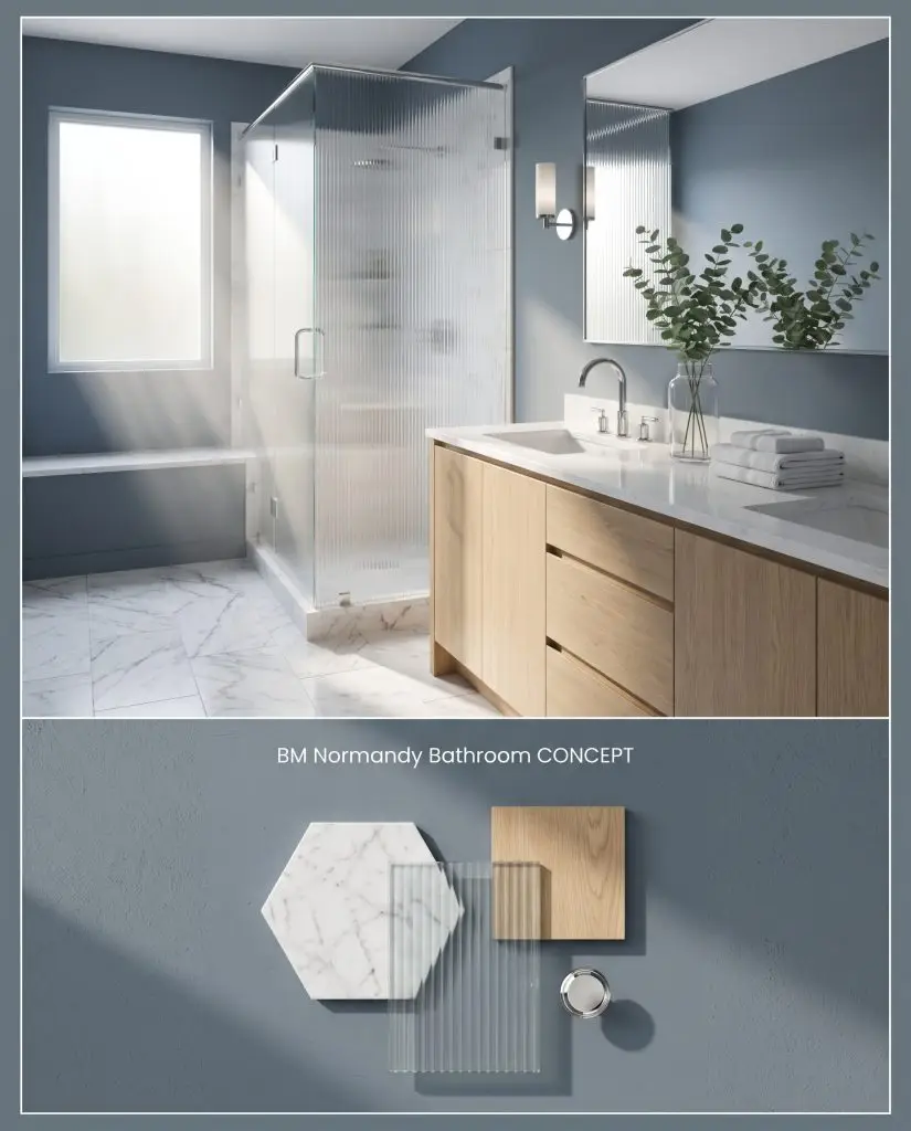 A conceptual board displaying a bright bathroom on the top half and physical Carrara marble and fluted glass materials below.