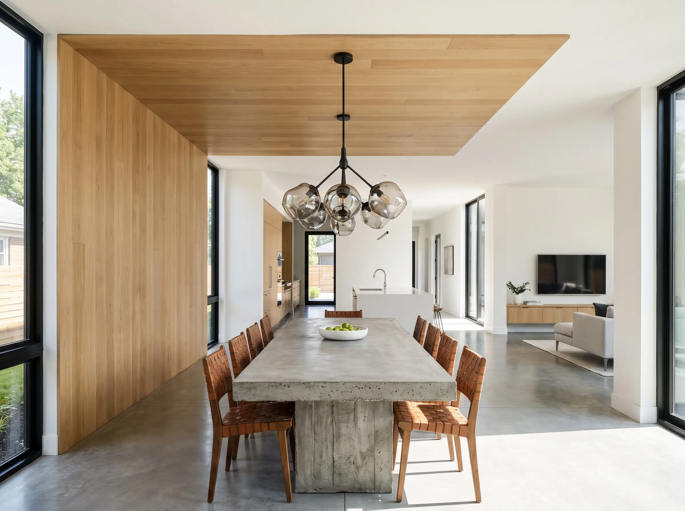 Lightweight oak veneer planks wrap continuously down a corner wall and onto the ceiling above a modern pendant light and raw concrete dining table.