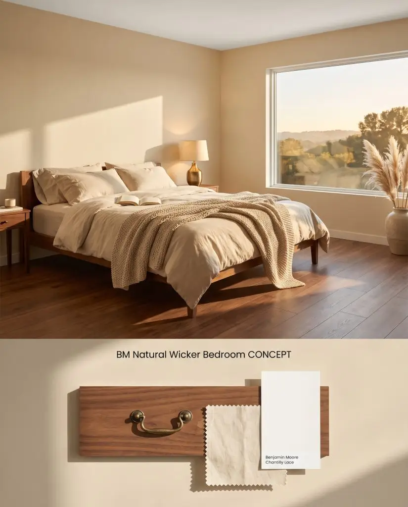 A conceptual board displaying a golden hour bedroom on the top half and physical walnut wood and aged brass materials below.