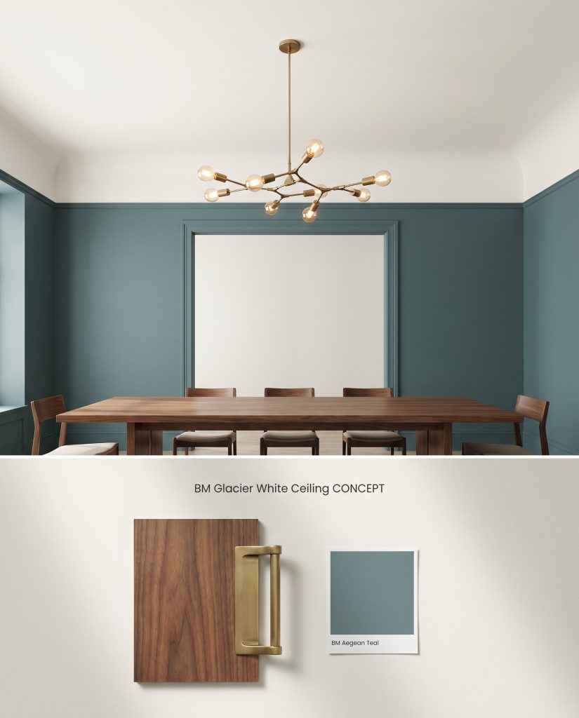 A two-part digital layout showing an expansive ceiling painted in OC-37 above, and a textured bottom section with walnut veneer and brass hardware.