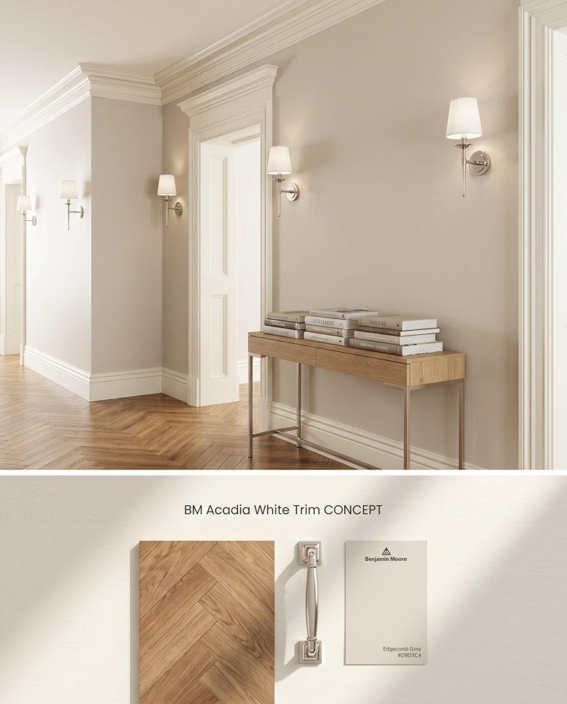 A split digital layout presenting Edgecomb Gray walls with OC-38 painted crown molding on top, and polished nickel with herringbone wood below.