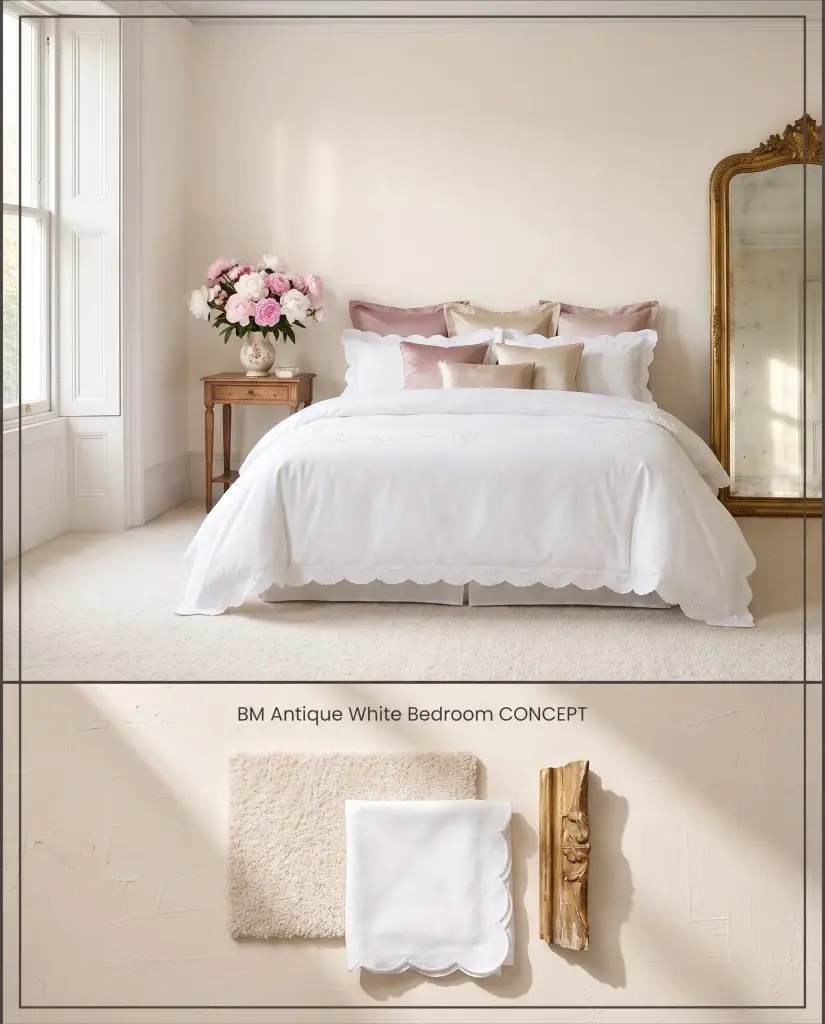 A split digital layout presenting pale off-white bedroom walls on top and a flat-lay of plush wool carpet and scalloped cotton below.