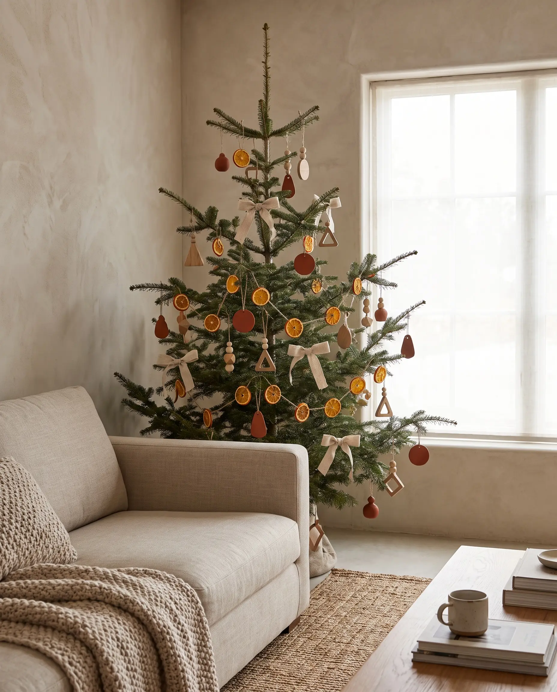 Sparse tree branches hold Sherwin-Williams Cavern Clay matte terracotta ornaments, dehydrated orange slices on jute twine, unbleached linen ribbons, and raw oak wood accents.