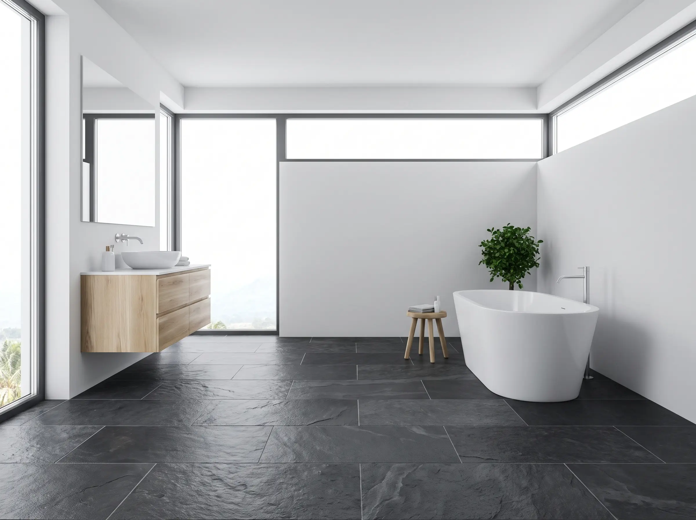 Heavy natural cleft basalt and charcoal slate floor tiles anchor a minimalist wooden vanity and a sleek white soaking tub in this japanese bathroom design.