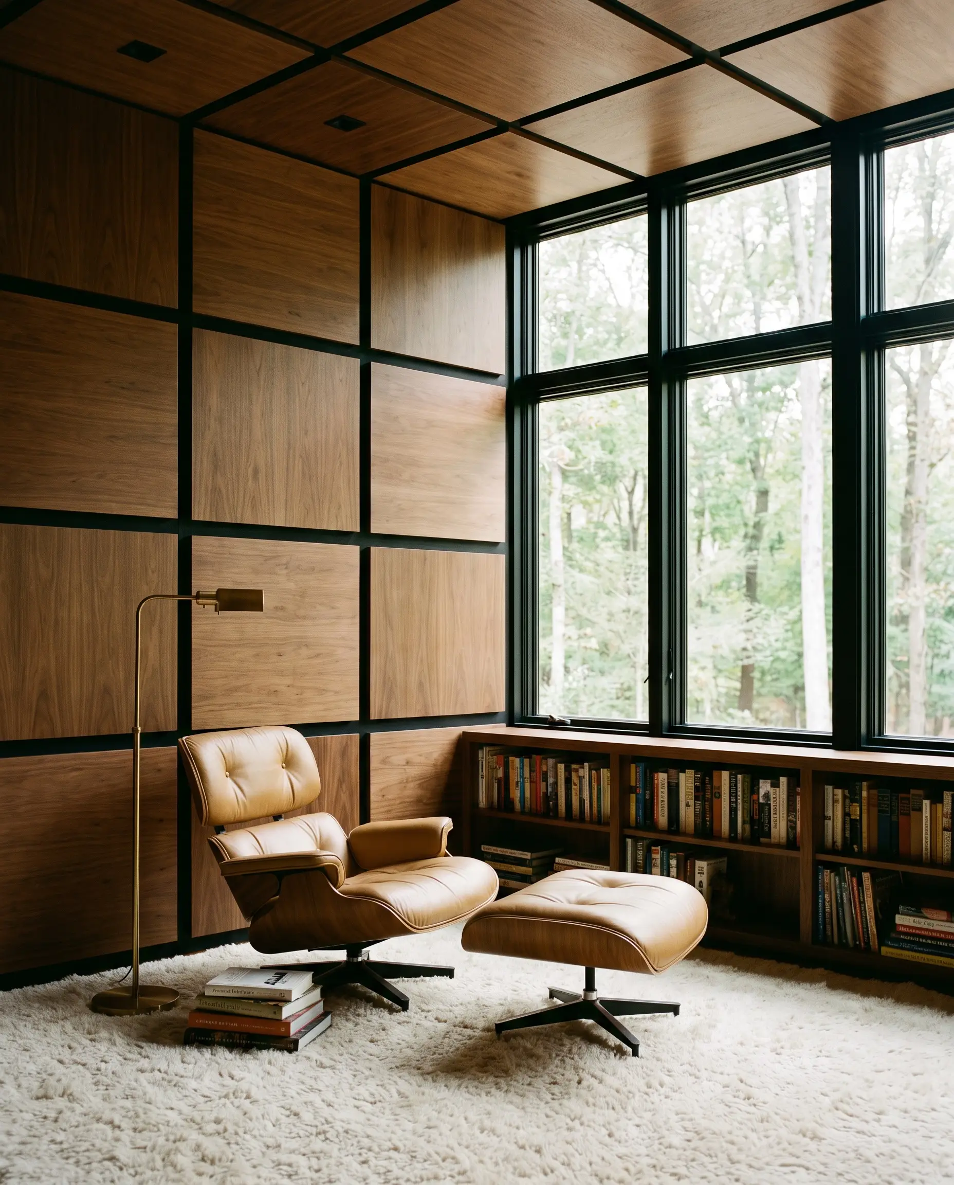 Oversized flat-panel wooden wall panels with deep shadow gaps align with black window mullions around a low-slung camel leather lounge chair.