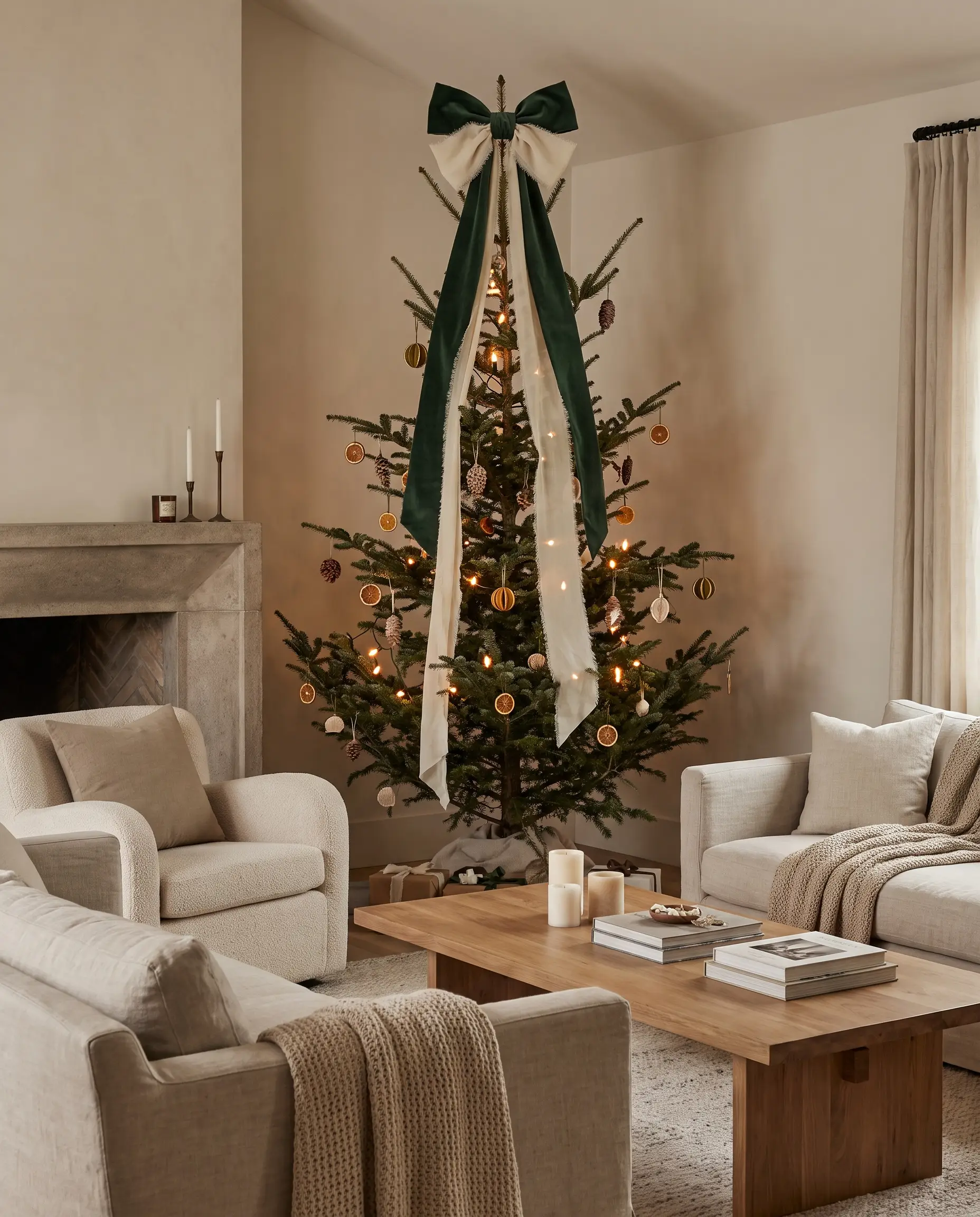 An oversized, relaxed bow crafted from heavy velvet and frayed silk chiffon crowns this 2026 Christmas tree decor, its long uneven tails trailing down sparse branches.