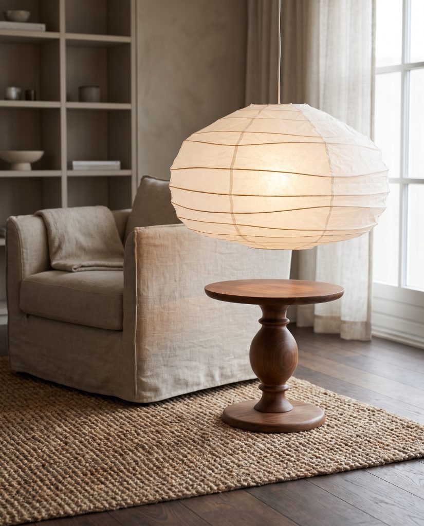 An oversized Japanese paper lantern hangs low over a turned walnut side table, illuminating a heavy linen lounge chair and textured jute rug.