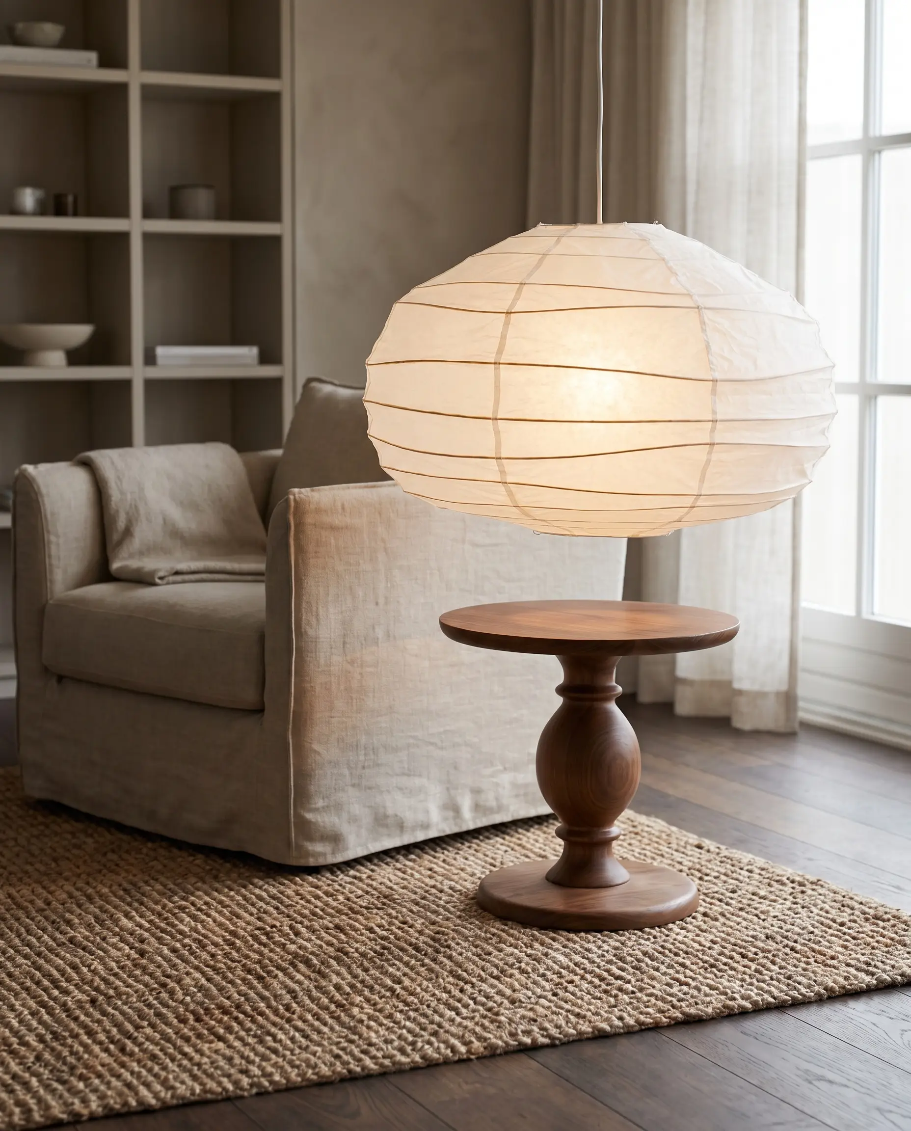 An oversized Japanese paper lantern hangs low over a turned walnut side table, illuminating a heavy linen lounge chair and textured jute rug.
