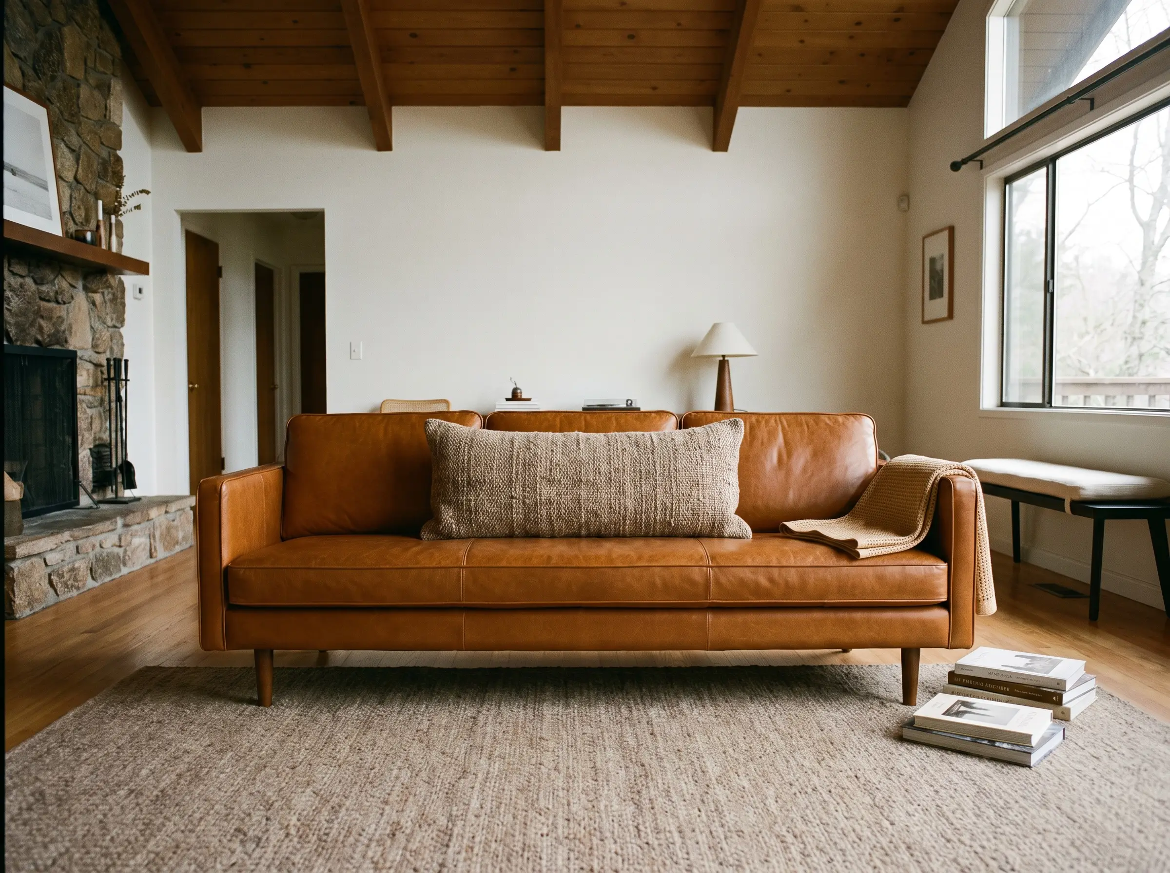 A heavy oversized lumbar pillow made of highly textured, high-friction woven wool sits perfectly centered on a slippery aniline sofa above a warm rug.