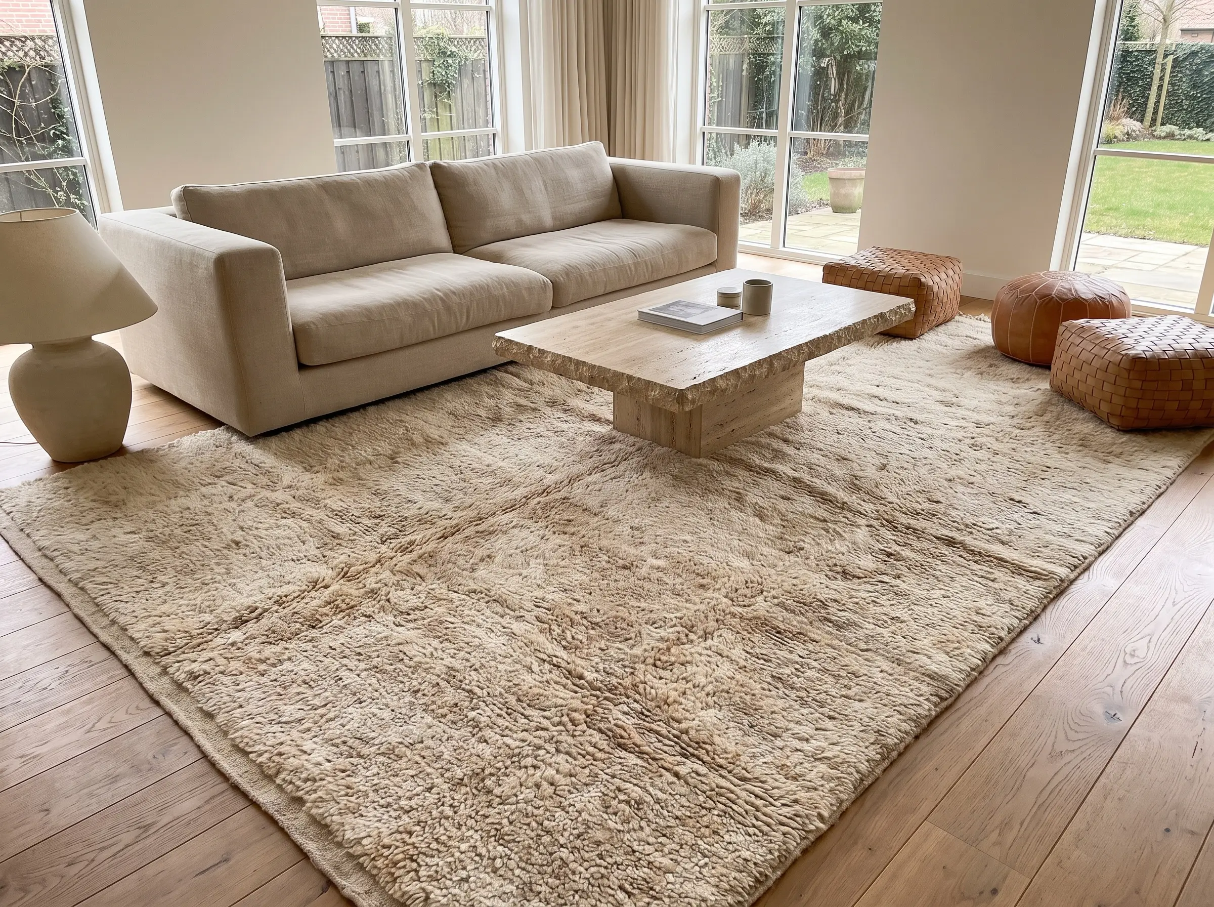 An oversized thick Moroccan pile rug unifies a low-profile linen sofa and a monolithic stone coffee table within a warm modern minimalist living room.