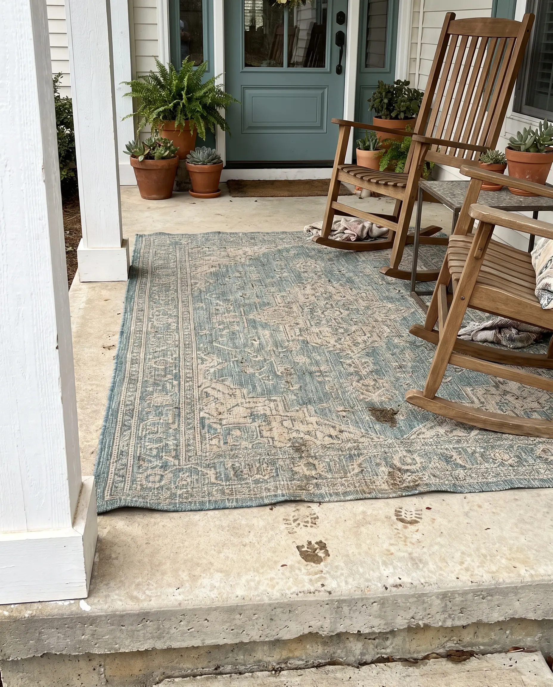 A large flat-weave polypropylene outdoor rug covers a raw concrete slab, establishing a conversational seating zone near an Aegean Teal painted front door.