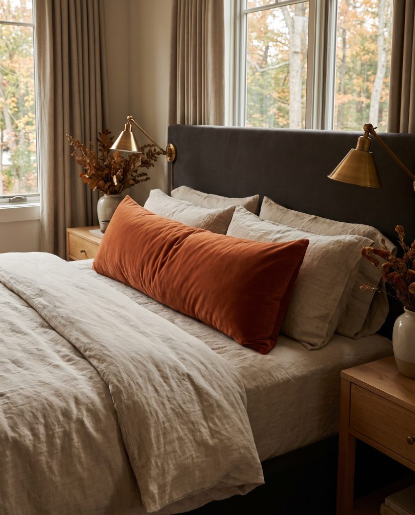 An oversized matte cotton-velvet lumbar pillow rests against smooth linen duvet covers beneath warm brass bedside sconces and a full headboard.