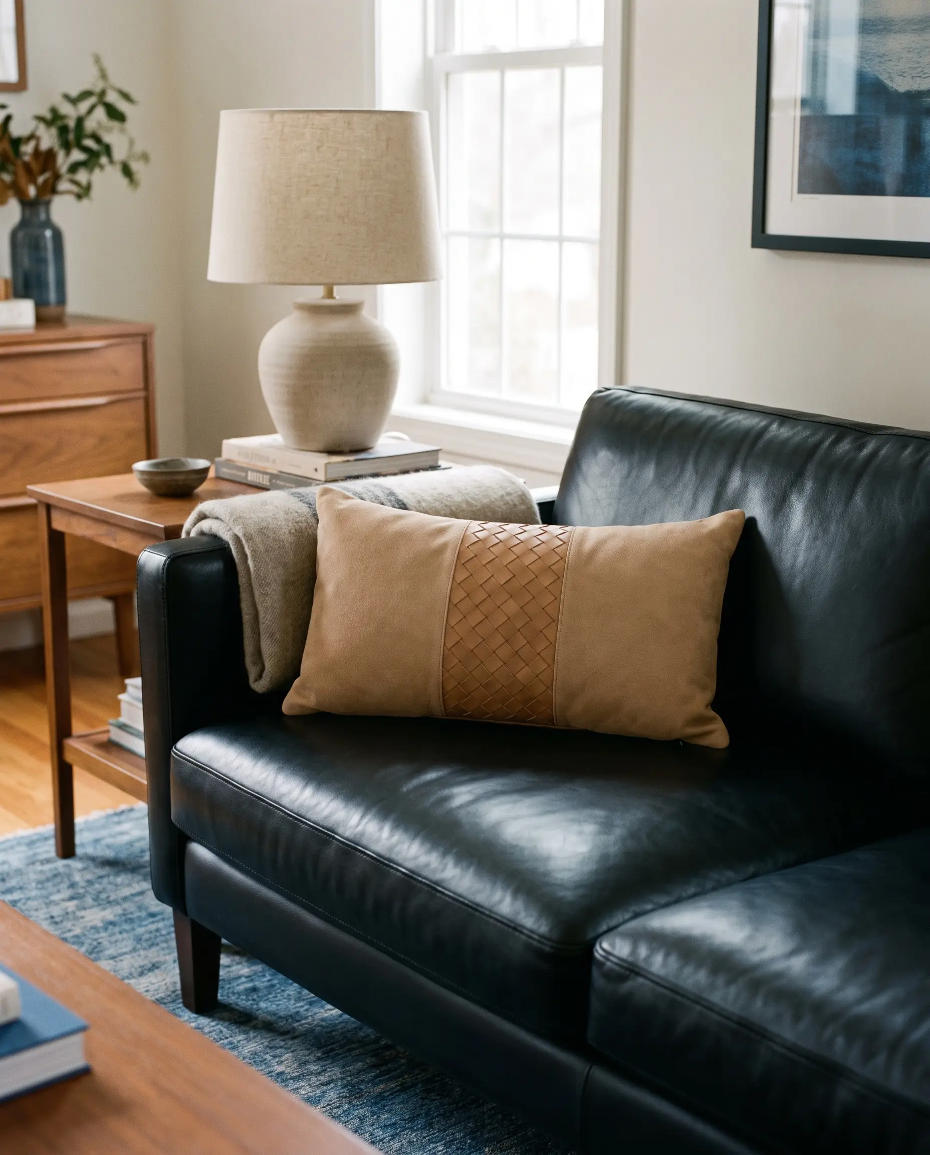 An Oxford Stone matte camel suede and woven tan leather lumbar pillow sits on a smooth black sofa beside a ceramic table lamp.