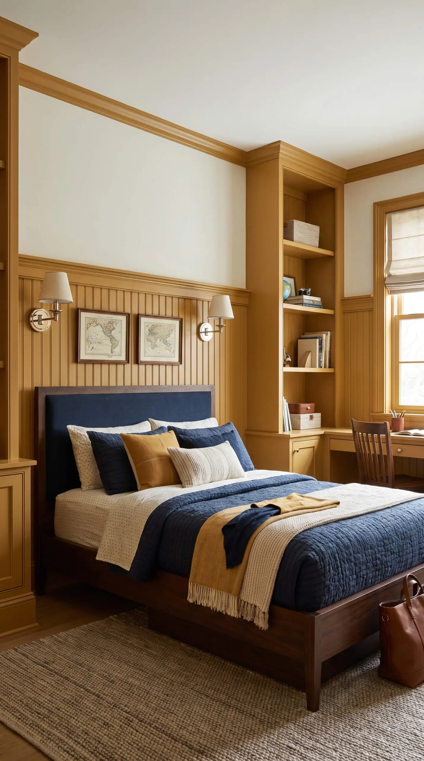 Farrow & Ball Babouche coats the interior millwork and wainscoting, contrasting with crisp upper walls, deep navy textiles, and polished nickel sconces.
