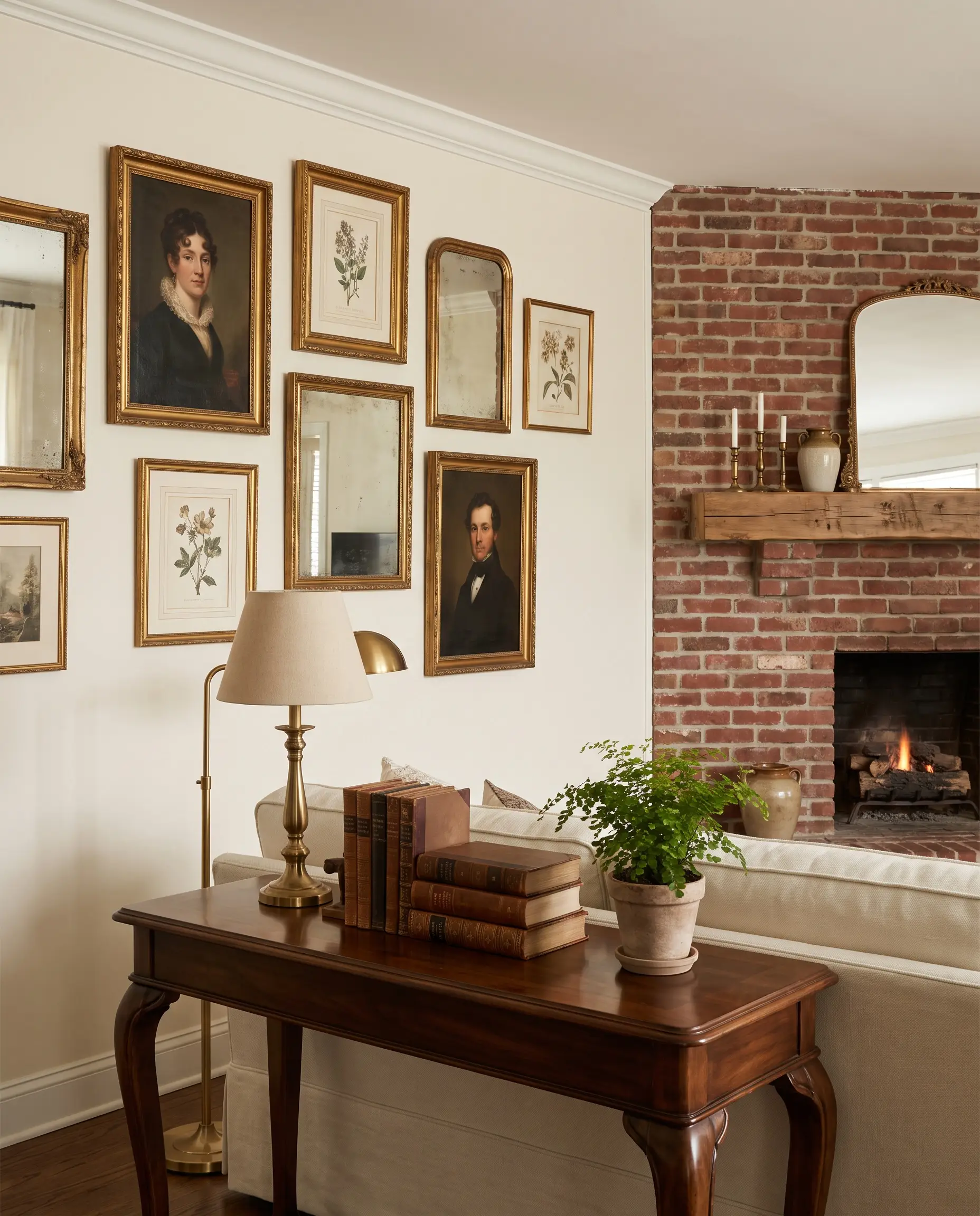 Gilded vintage frames hang on a Farrow and Ball Pointing gallery wall positioned beside a traditional red brick fireplace and a rich walnut console table.