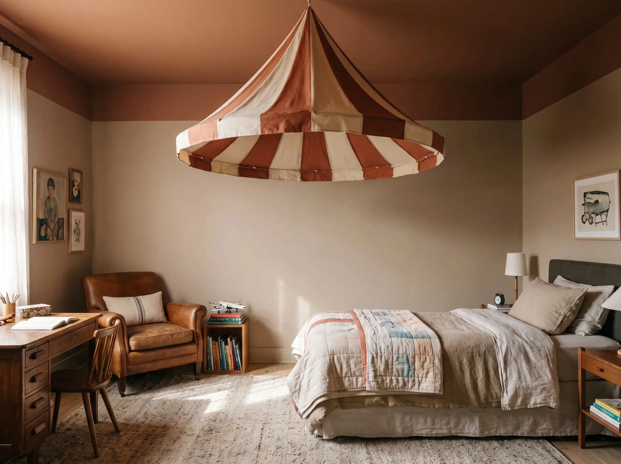 A muddy terracotta painted ceiling plane carries down the top six inches of warm mushroom walls to create a modern wrap-around canopy above lived-in furniture.