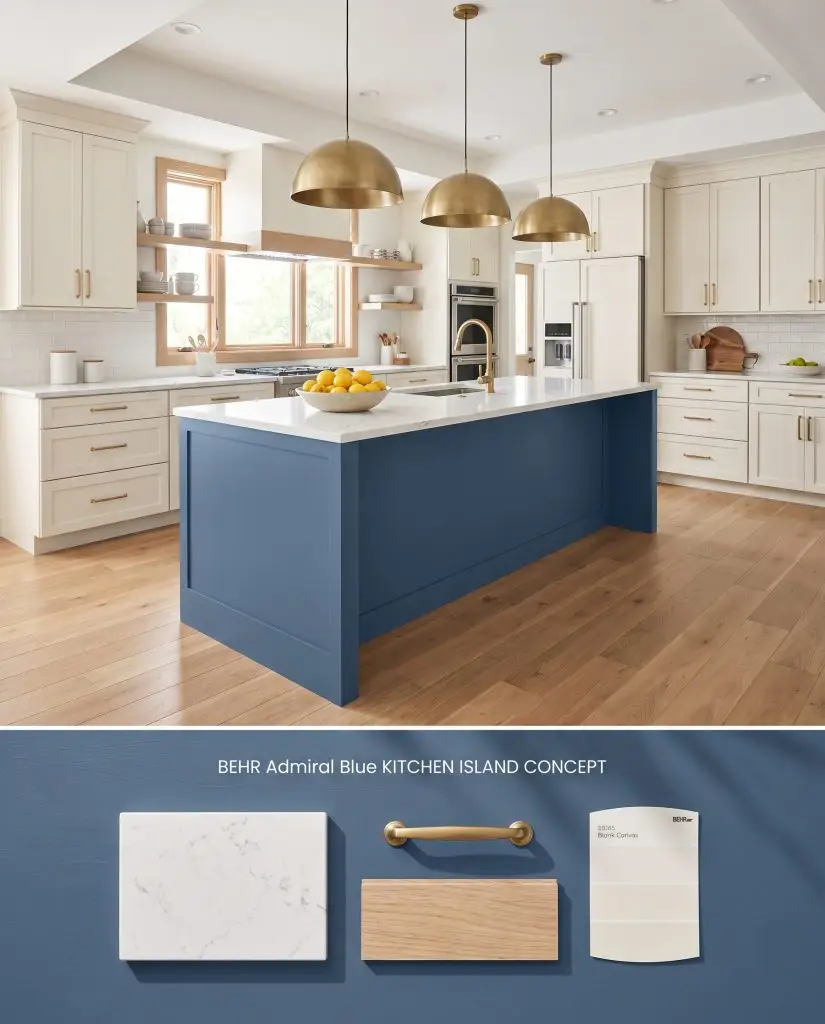 Conceptual composite displaying a dark blue kitchen island with white quartz countertops, positioned over a flat-lay of oak and brass samples.
