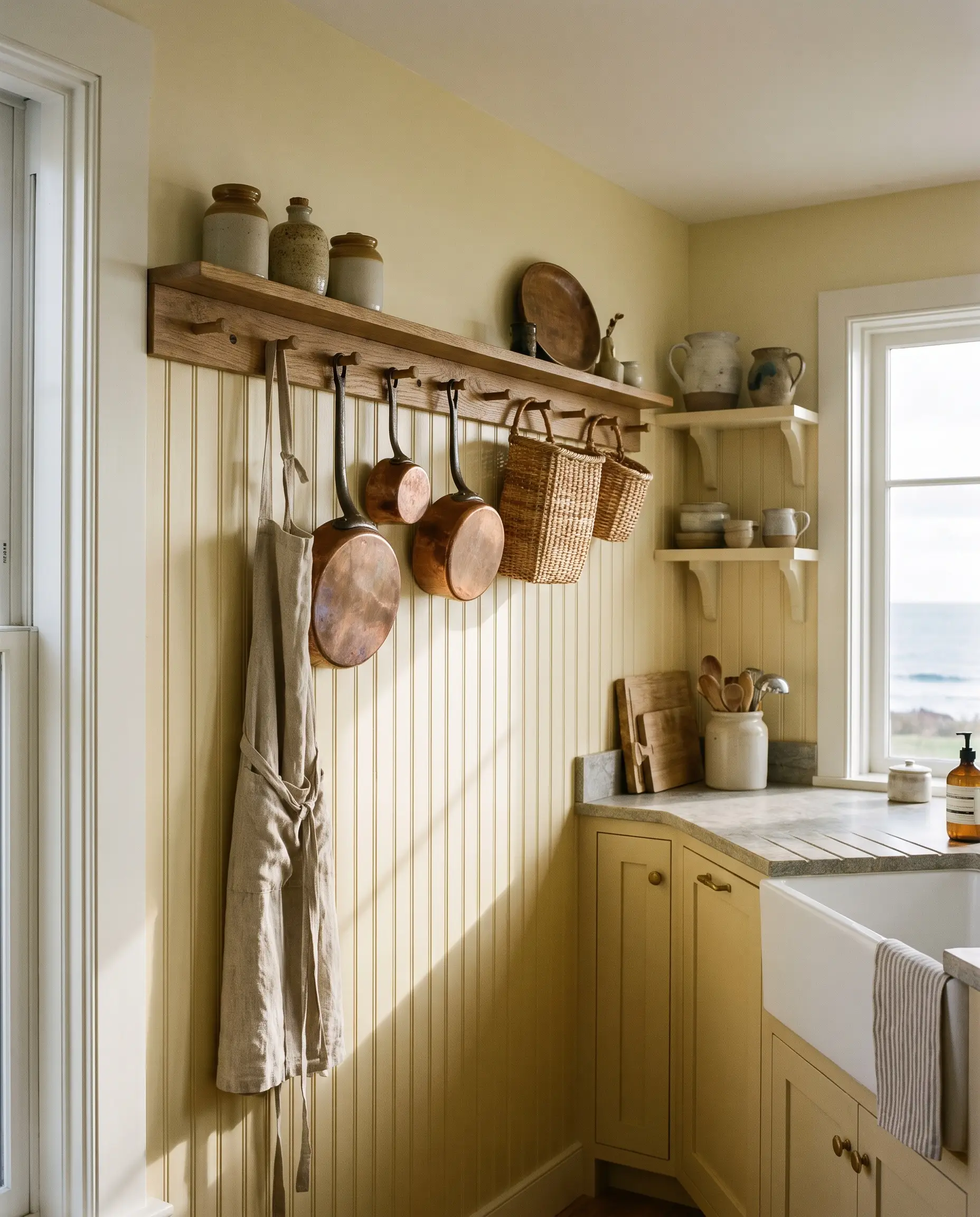 Vertical three-inch beadboard paneling painted in soft satin yellow terminates at a chunky wooden peg rail displaying linen aprons and copper pots.