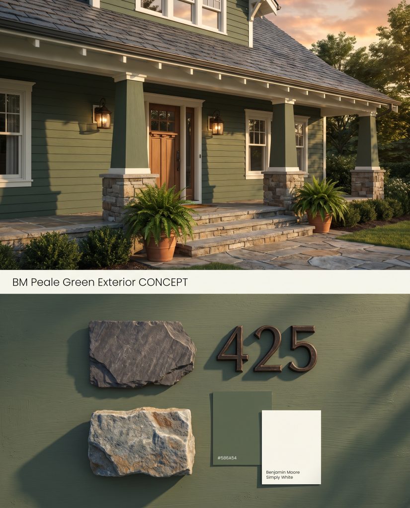 A split digital visualization showing a craftsman exterior with green wood siding over a flat-lay of slate, bluestone, and bronze.