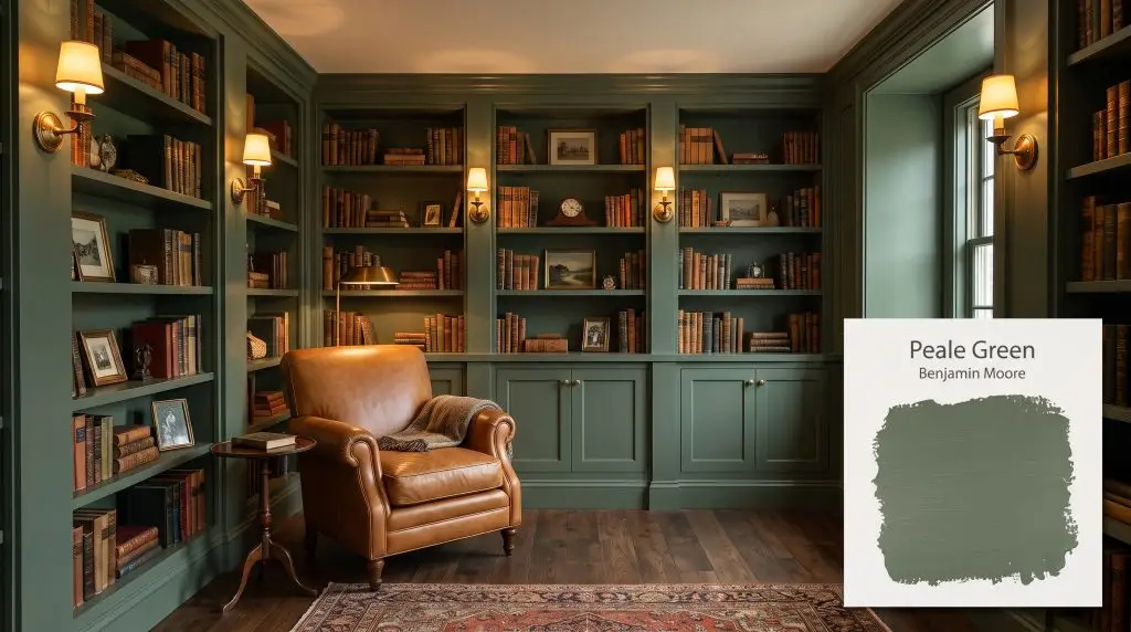 A caramel leather armchair rests on dark oak flooring alongside built-in bookshelves and walls drenched in Peale Green (Hex #586A54).