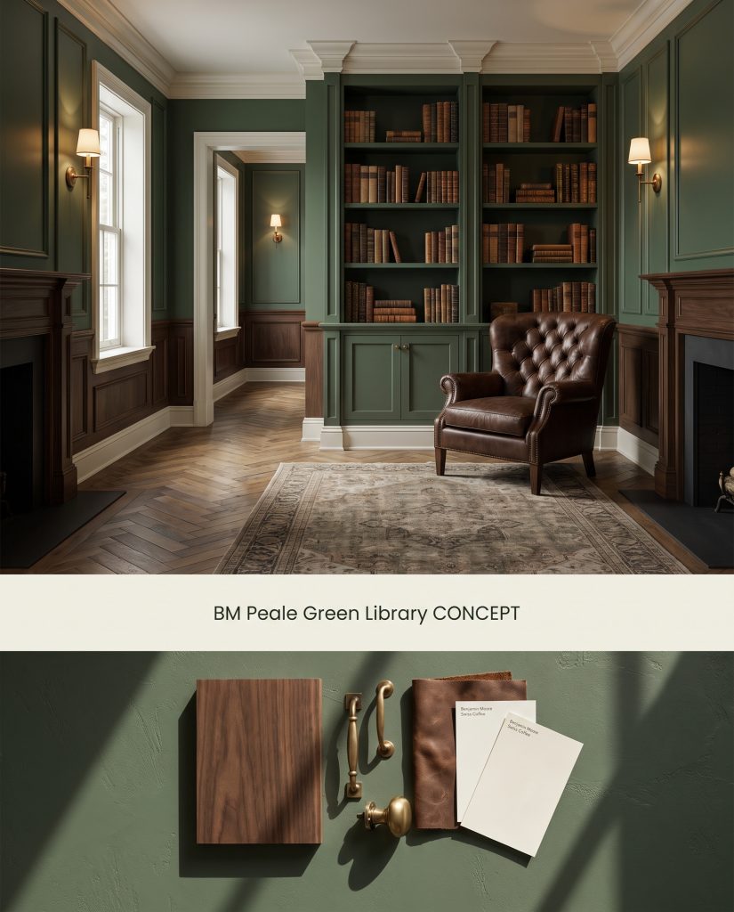 A split digital conceptual board displaying a moody dark academia library above a tactile flat-lay of walnut, brass, and green paint materials.