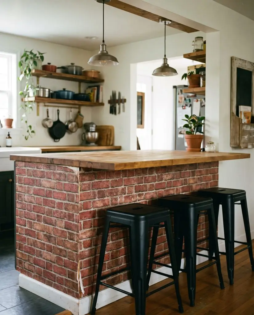 Matte black barstools tuck underneath a thick butcher block countertop on a kitchen island base wrapped in scrubbable faux masonry texture.