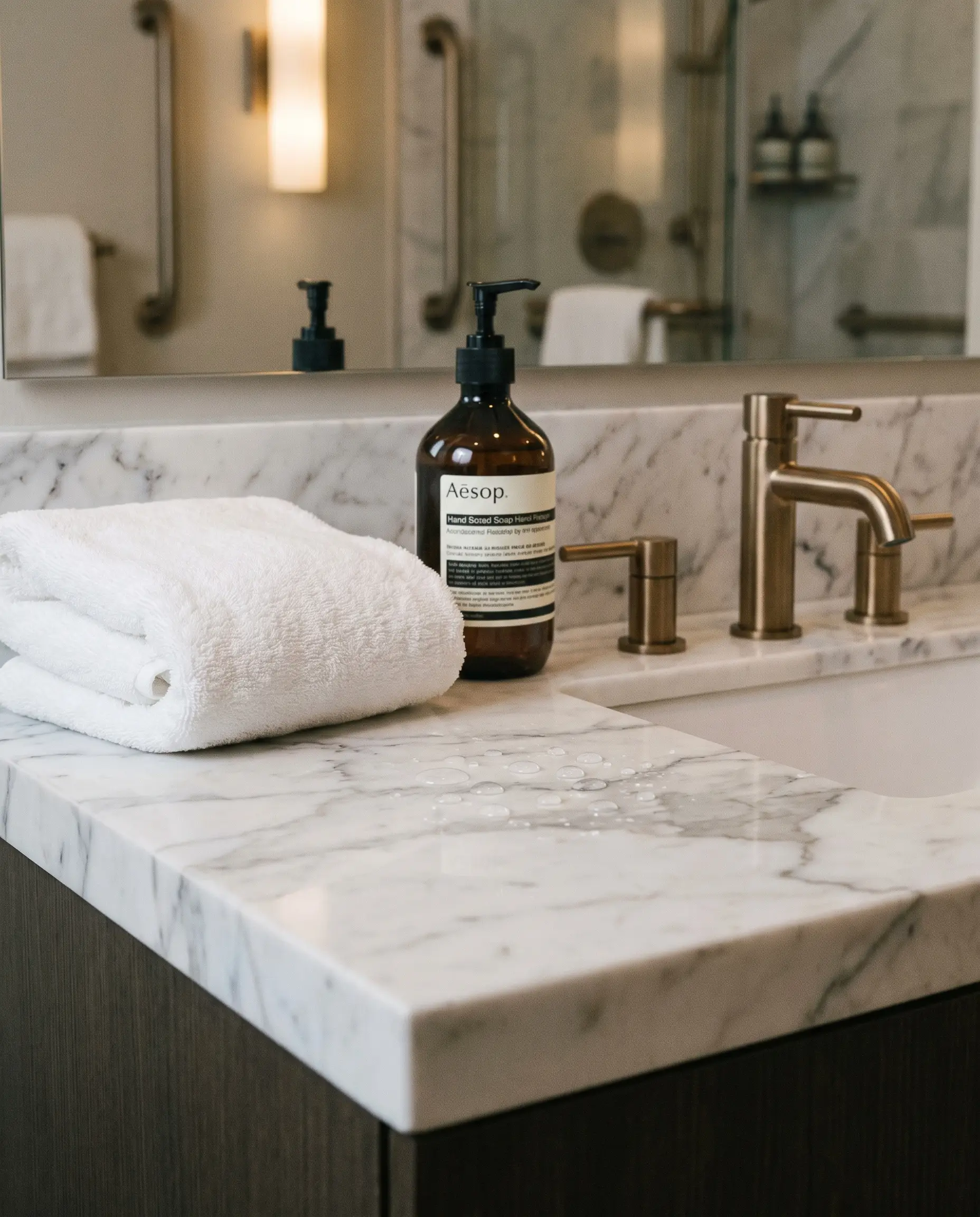 Water beads perfectly on the surface of a pristine honed marble vanity top treated with a fluoropolymer-based penetrating sealer, sitting next to a brushed bronze faucet.