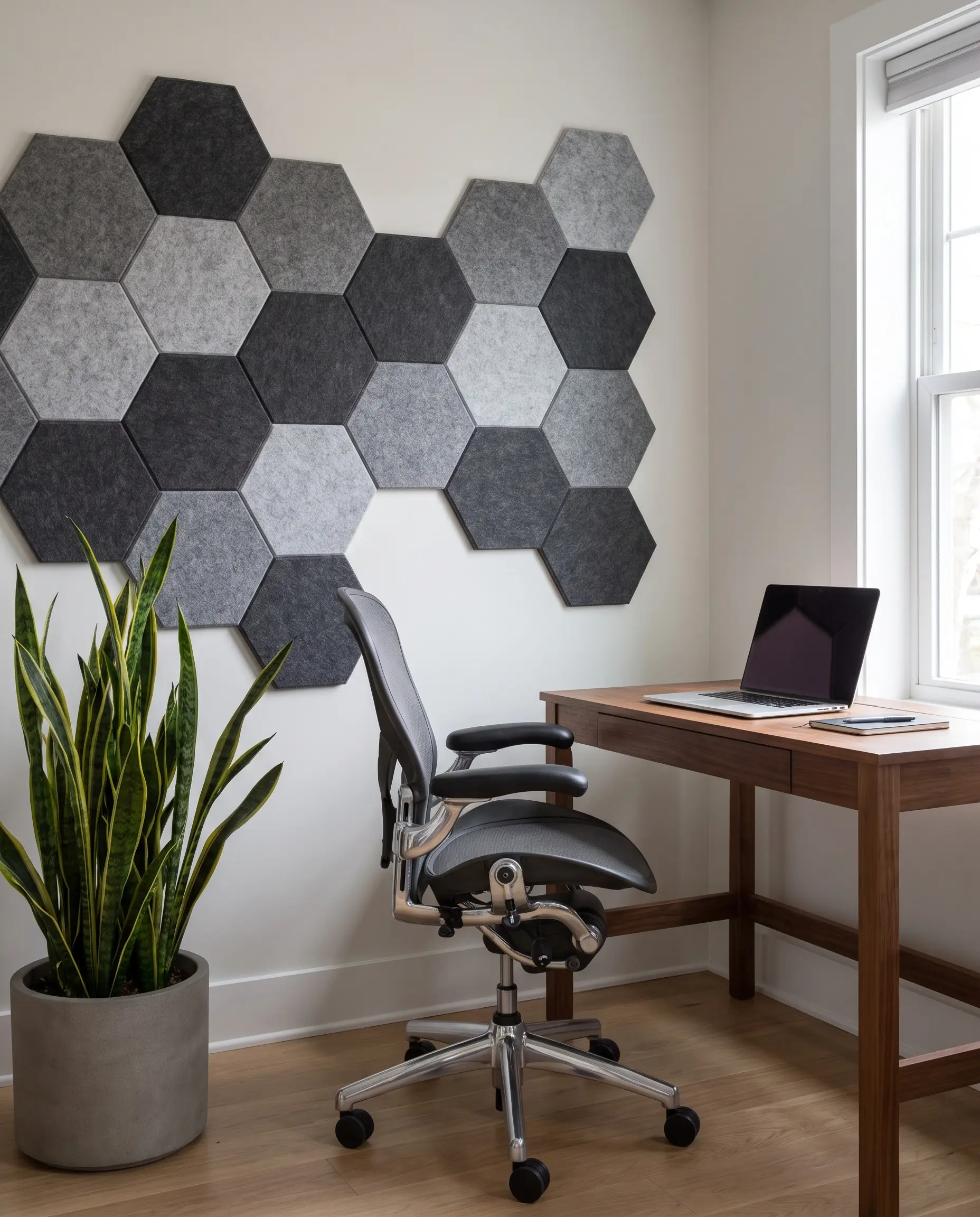 Recycled PET felt hexagon panels cluster on the wall behind an ergonomic desk chair and simple writing desk in a modern home office.