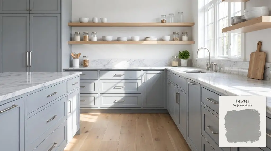 Minimalist kitchen cabinets painted Benjamin Moore Pewter (Hex #979C9F) are paired with white marble countertops, brushed nickel hardware, and light wood floating shelves.
