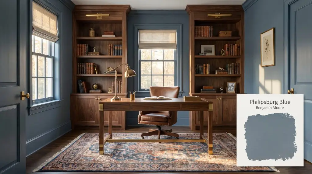 Rich walnut shelving and brass hardware contrast against a sophisticated study wall painted in Benjamin Moore Philipsburg Blue (Hex #627885).