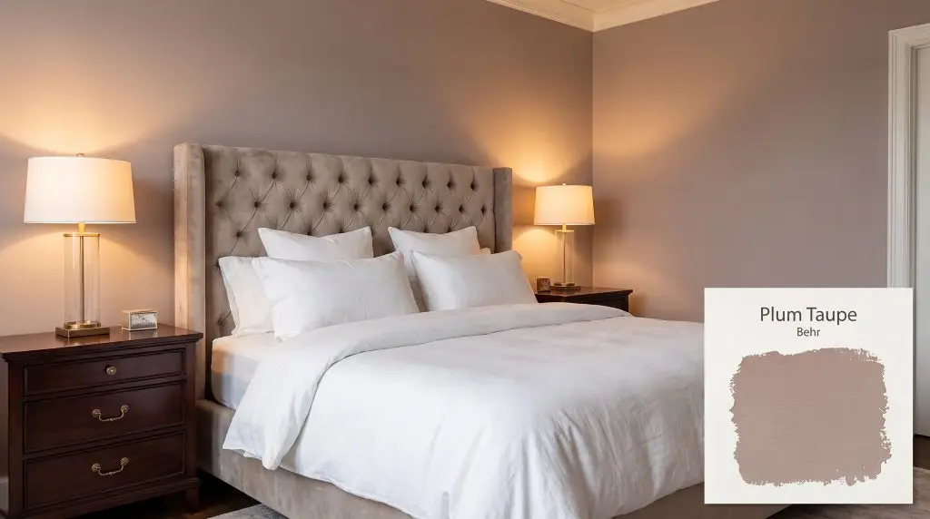 Warm ambient lighting highlights a tufted velvet headboard and dark mahogany nightstands set against a mauve Behr Plum Taupe (Hex #b6a19b) wall.