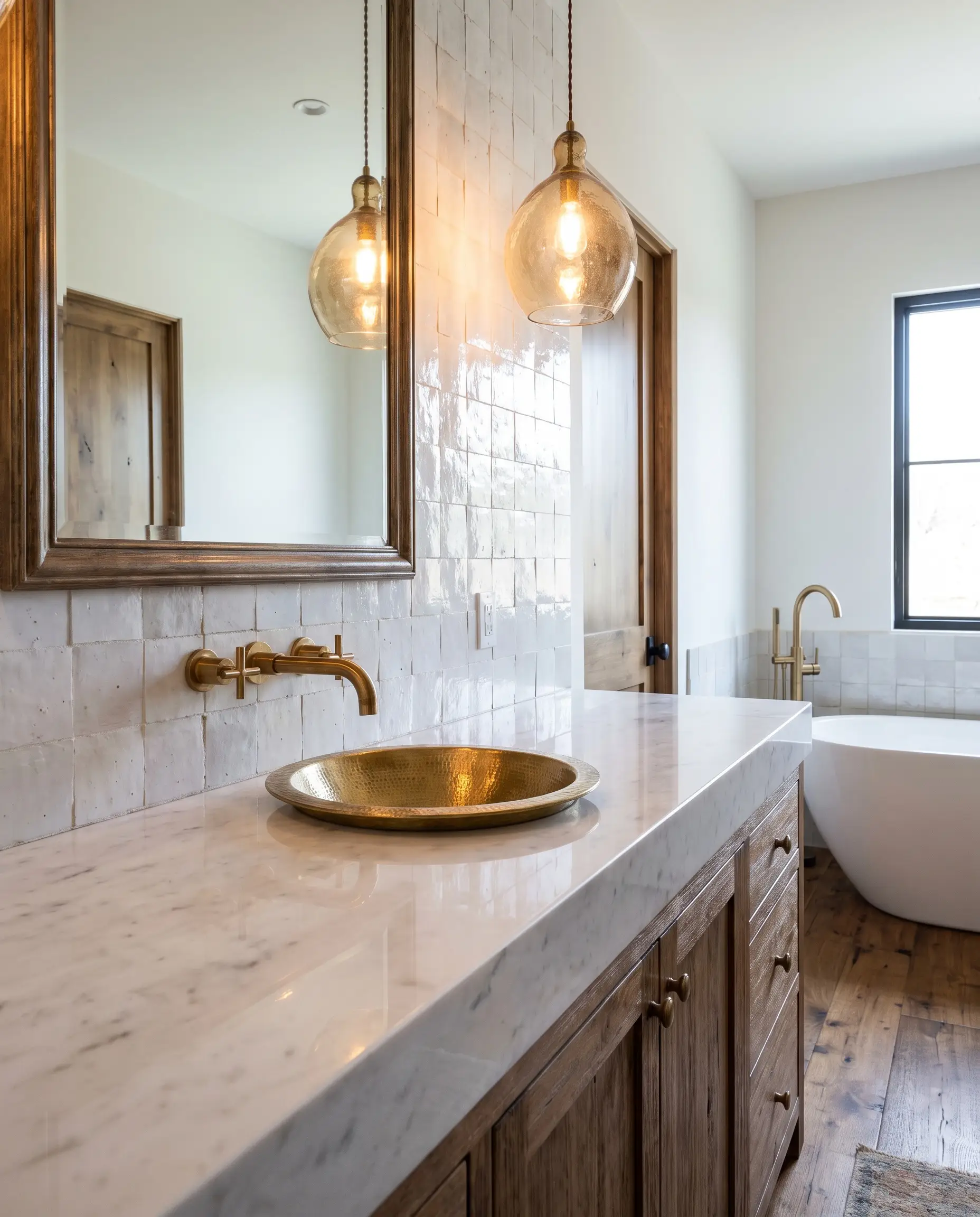 A highly polished white marble countertop contrasts against a groutless backsplash of rough, handmade Moroccan Zellige tiles and warm brass plumbing fixtures in this marble bathroom design.
