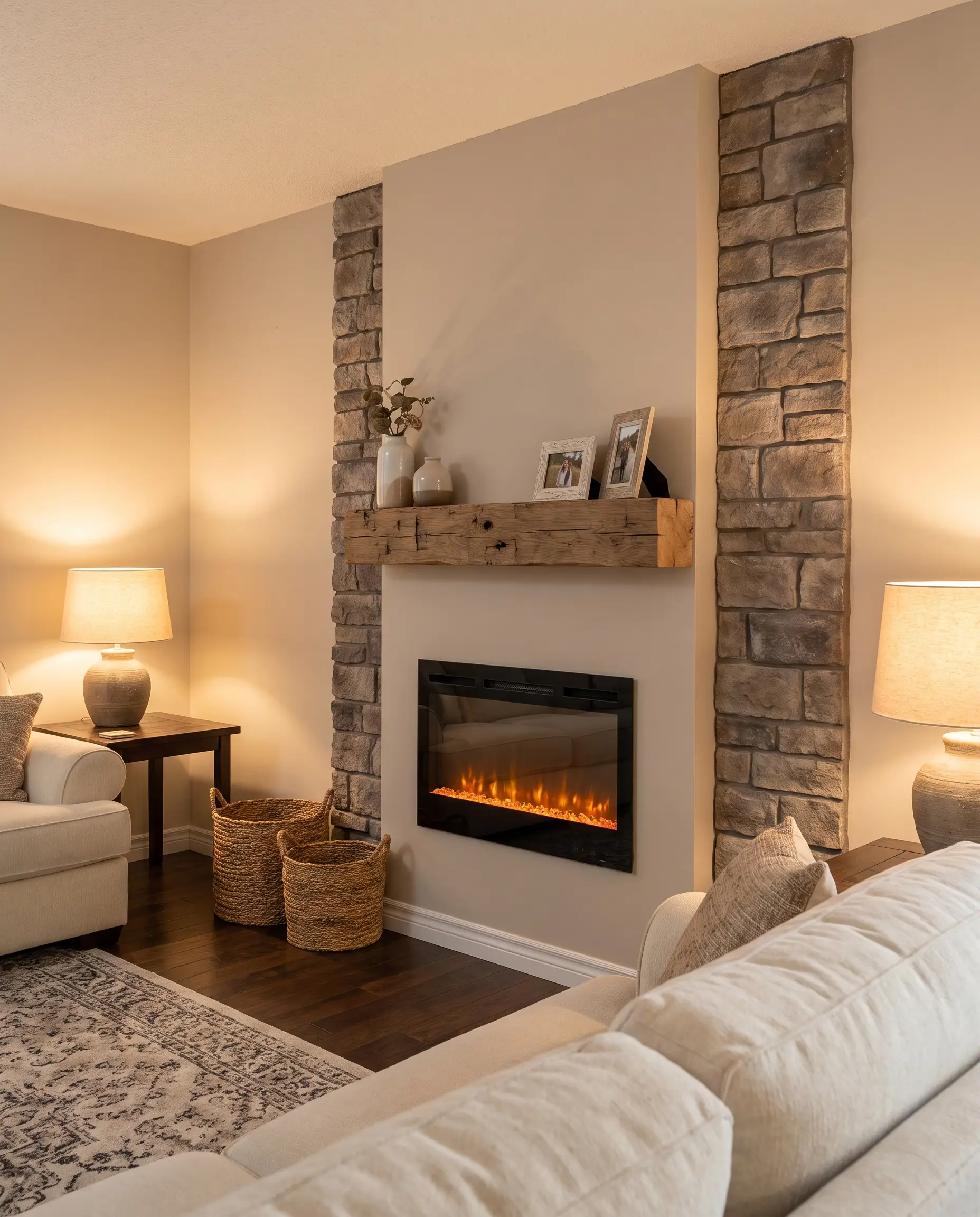 High-density fire-rated polyurethane faux stone panels frame a sleek electric fireplace insert below a chunky reclaimed wood mantel in a modern rustic living room.