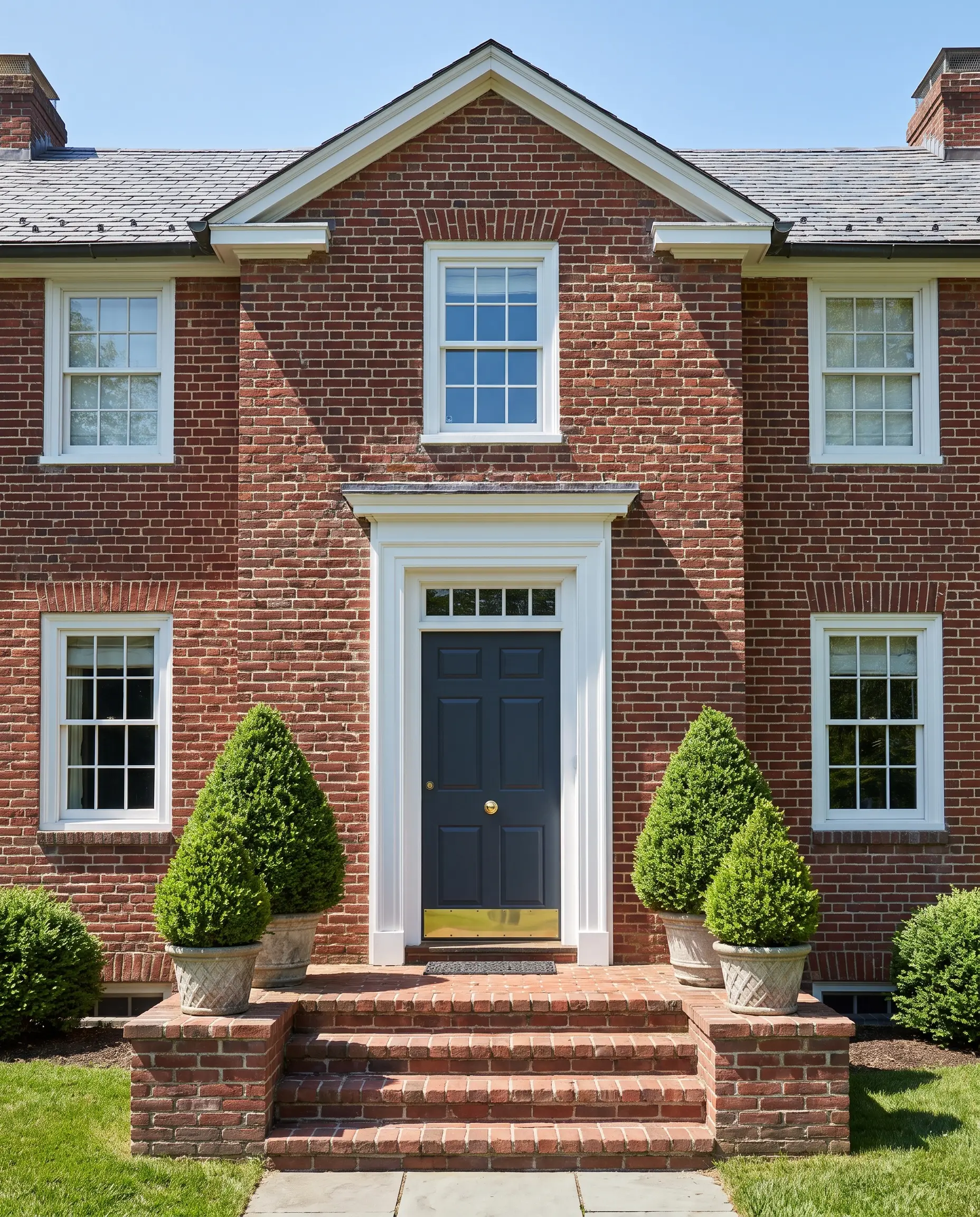 A highly polished unlacquered brass doorknob and kickplate highlight a deep Naval blue door set against glossy white trim and a red brick facade.
