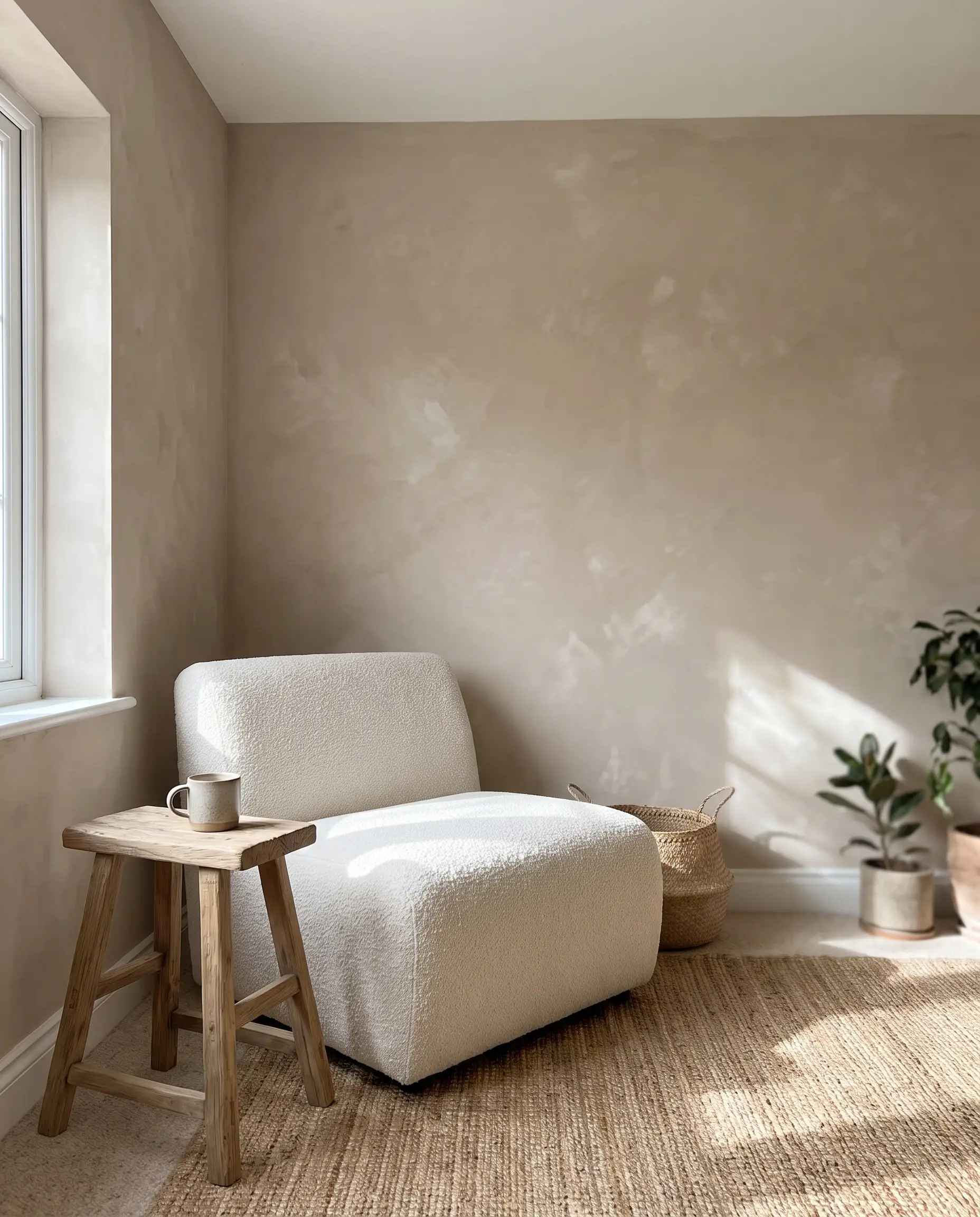 Suede-like walls finished in Portola Paints Figueroa Roman clay provide a textured backdrop for a low-profile ivory boucle accent chair and raw wood side table.