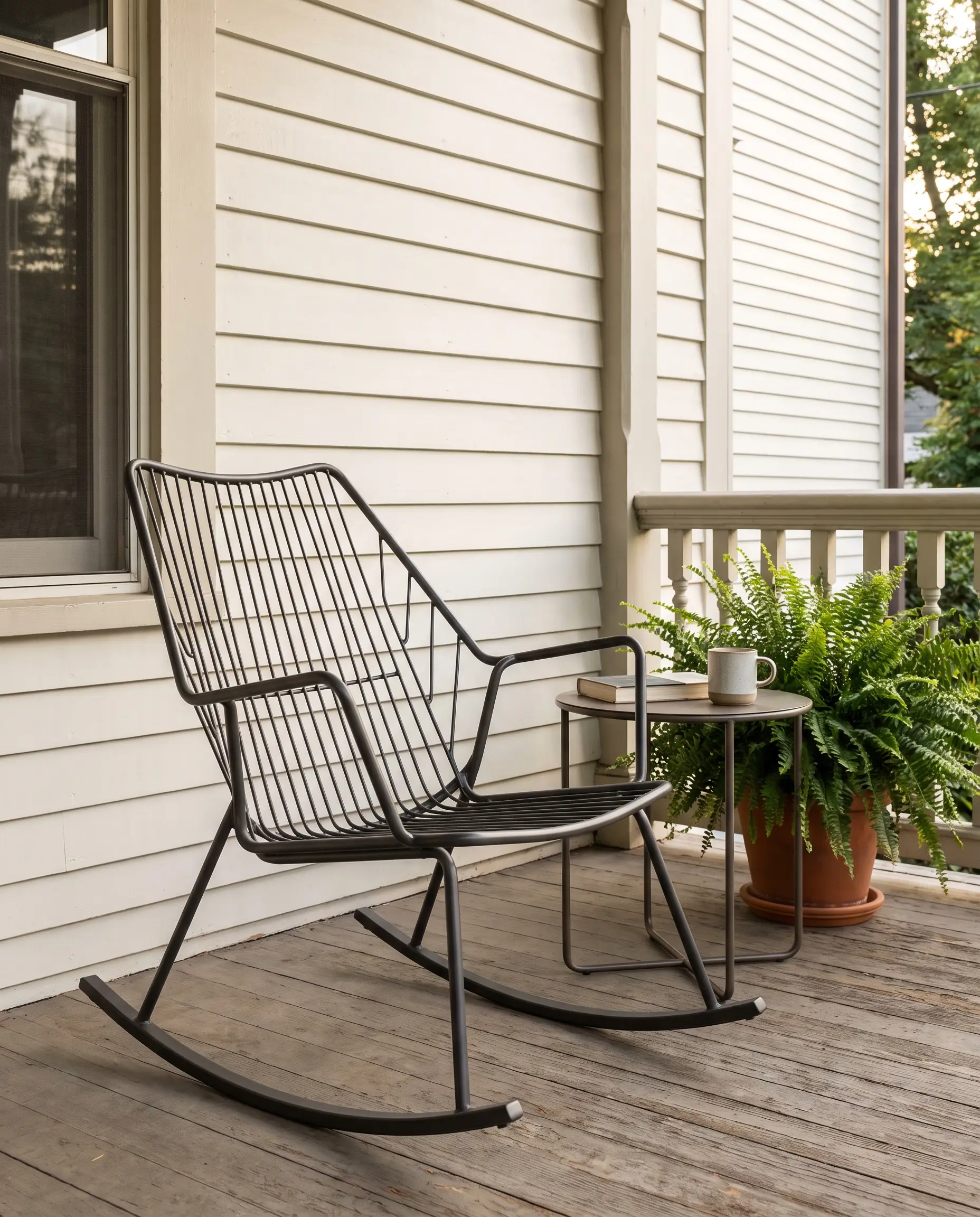 A matte powder-coated aluminum rocking chair and small side table sit against crisp Alabaster painted exterior siding on a contemporary transitional porch.