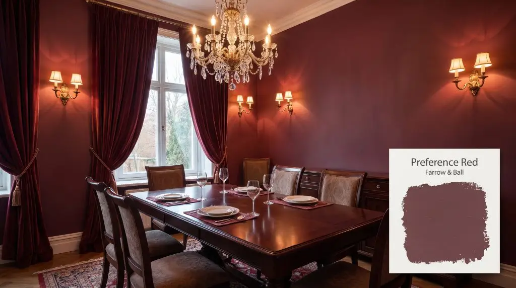 A dark mahogany dining table and heavy velvet drapes fill an intimate space featuring deep baroque red walls in Preference Red (Hex #6f4449).