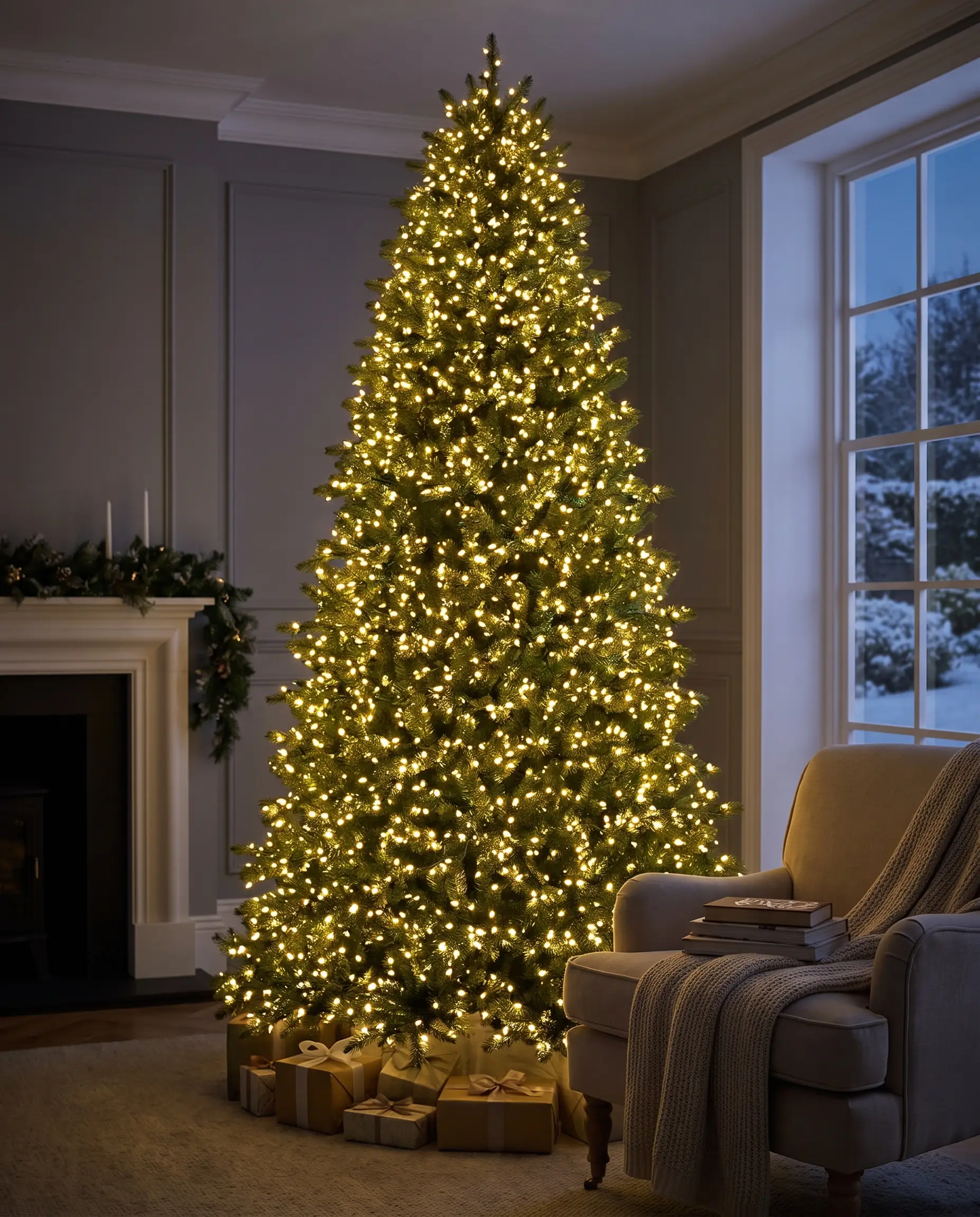 Warm LED light strands wrap tightly around individual branches from the trunk to the tips, creating a deeply backlit pillar of 2026 Christmas tree decor.