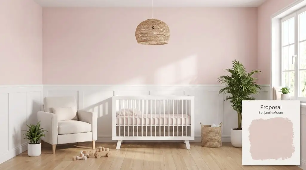 Crisp white wainscoting and light oak flooring frame a serene modern nursery wall finished in Benjamin Moore Proposal (Hex #E8D9D4).