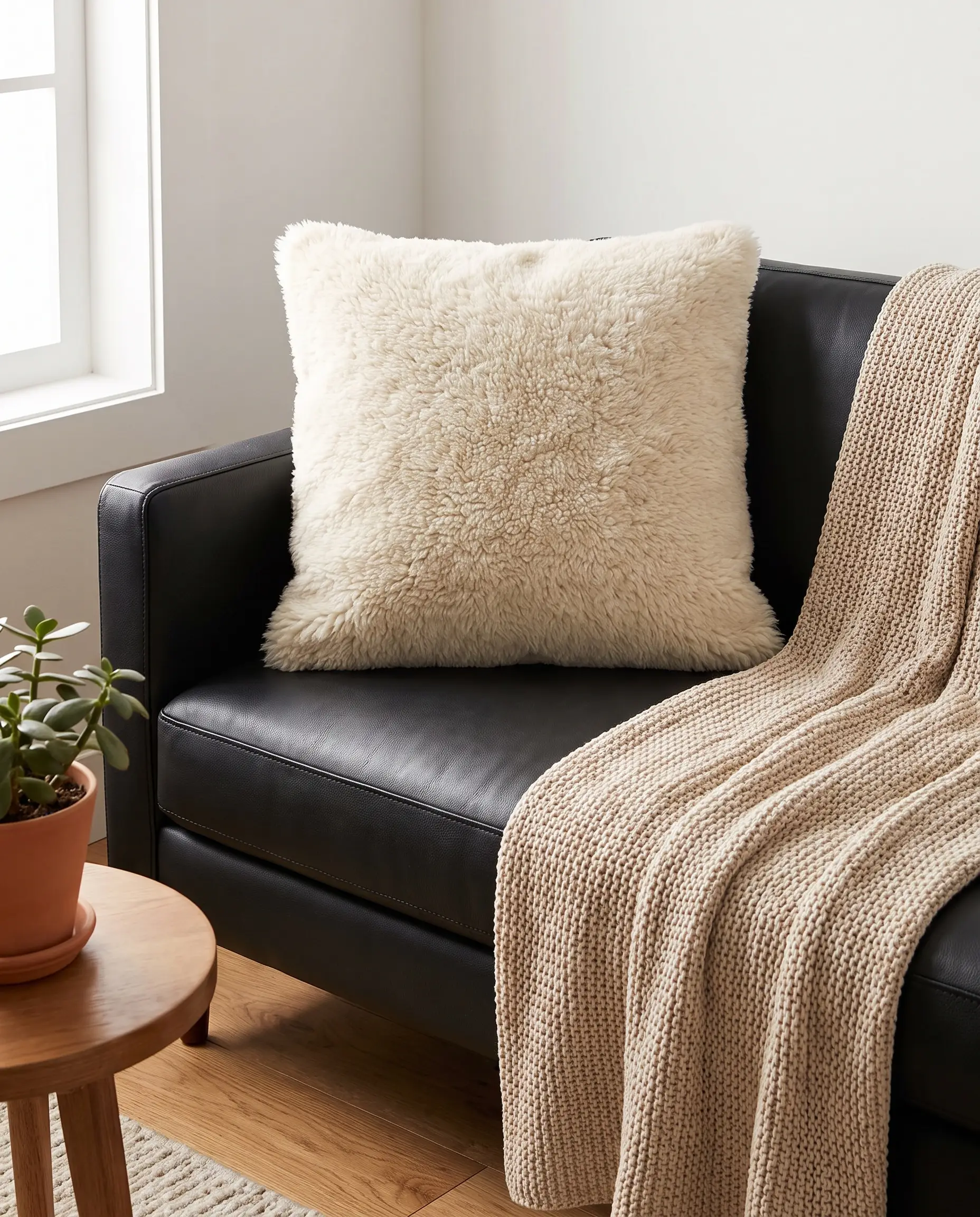 A high-pile Pure White shearling pillow and a woven throw blanket rest on a sleek black sofa above a warm oak floor.