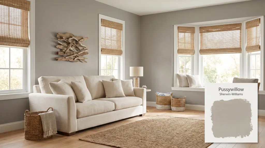 A serene living room featuring a cream linen sofa and woven wood shades against walls painted in Sherwin-Williams Pussywillow (Hex #B2ADA4).